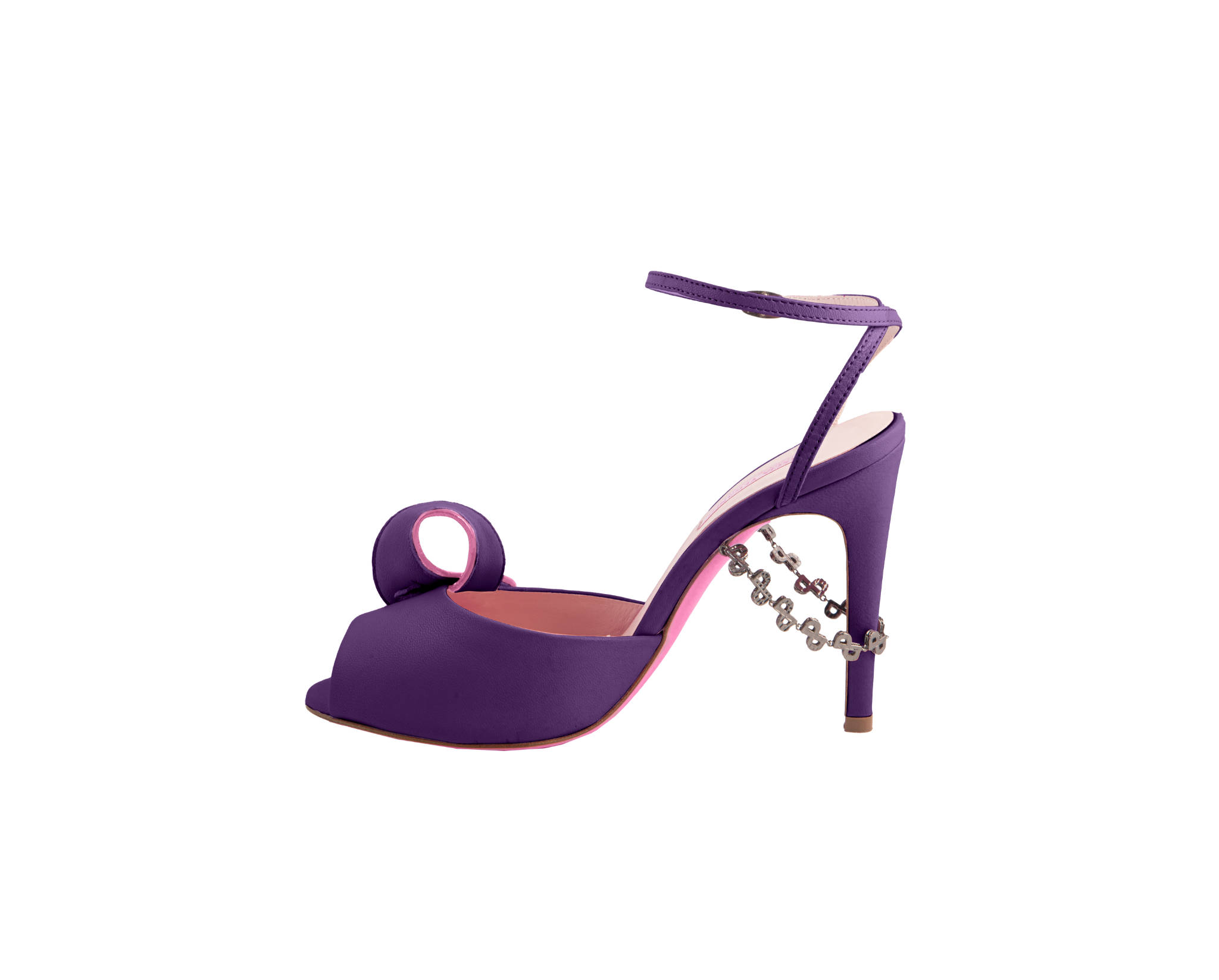 FARAH Stilettos – ForeverLuxury Italian stilettos with 3D chain heel, All MADE IN ITALY. Violet color with pink accents