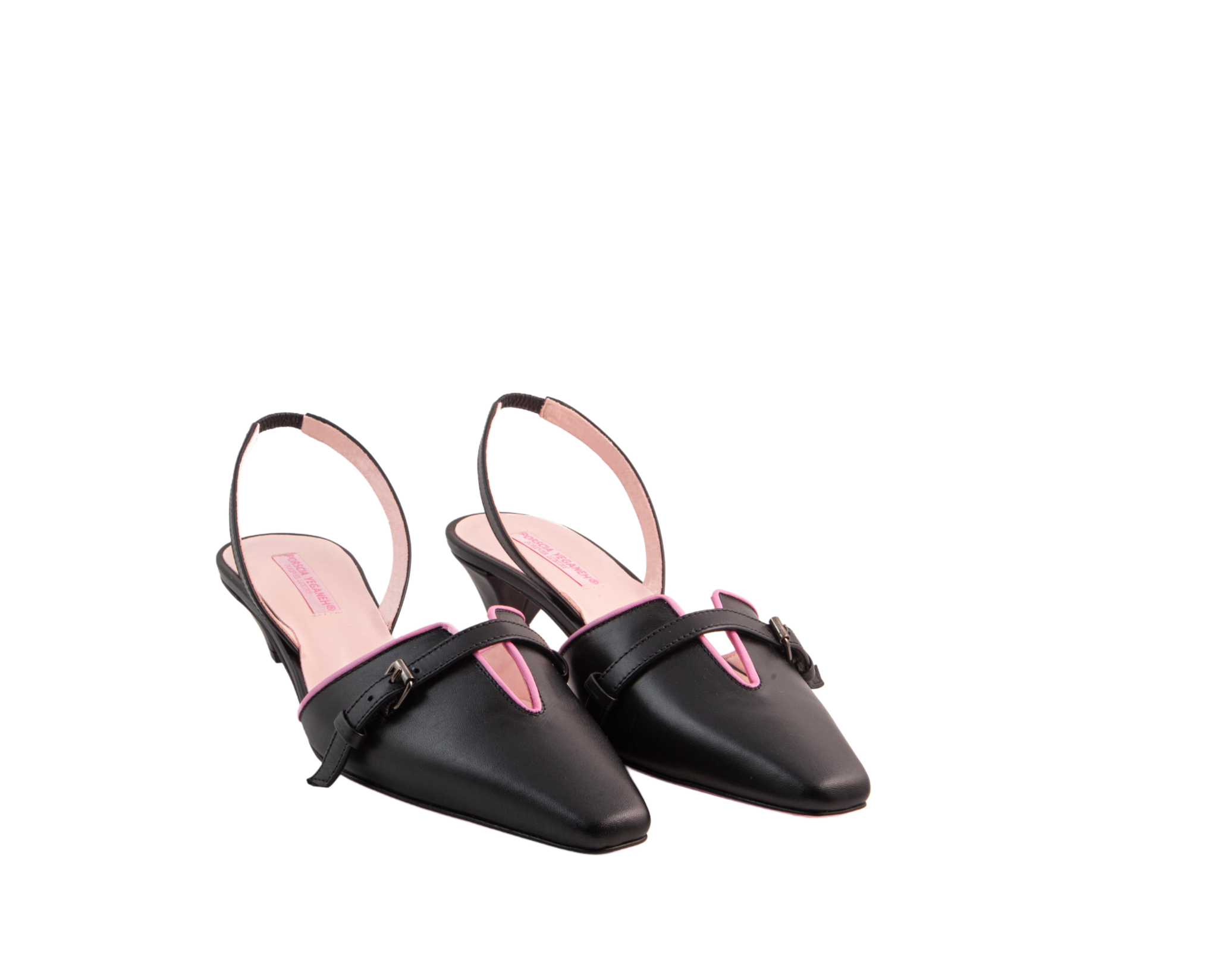 ANAHITA Slingbacks – ForeverLuxury Italian slingbacks with 3D hardware, All MADE IN ITALY. Black with pink piping