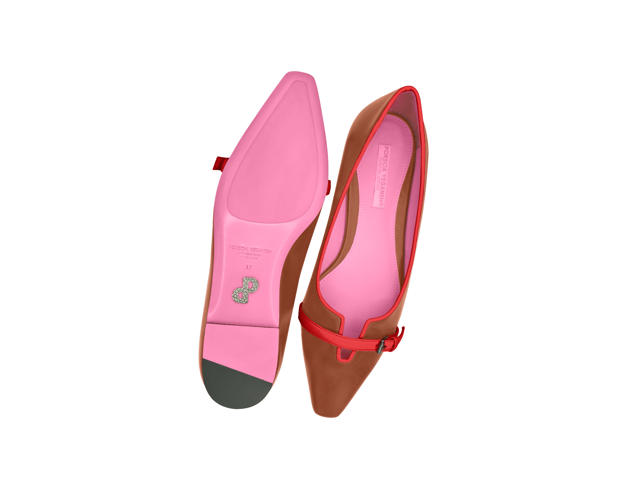 ANAHITA Ballerina – ForeverLuxury Italian ballerina shoes with 3D hardware, All MADE IN ITALY. Brown with lobster red accents
