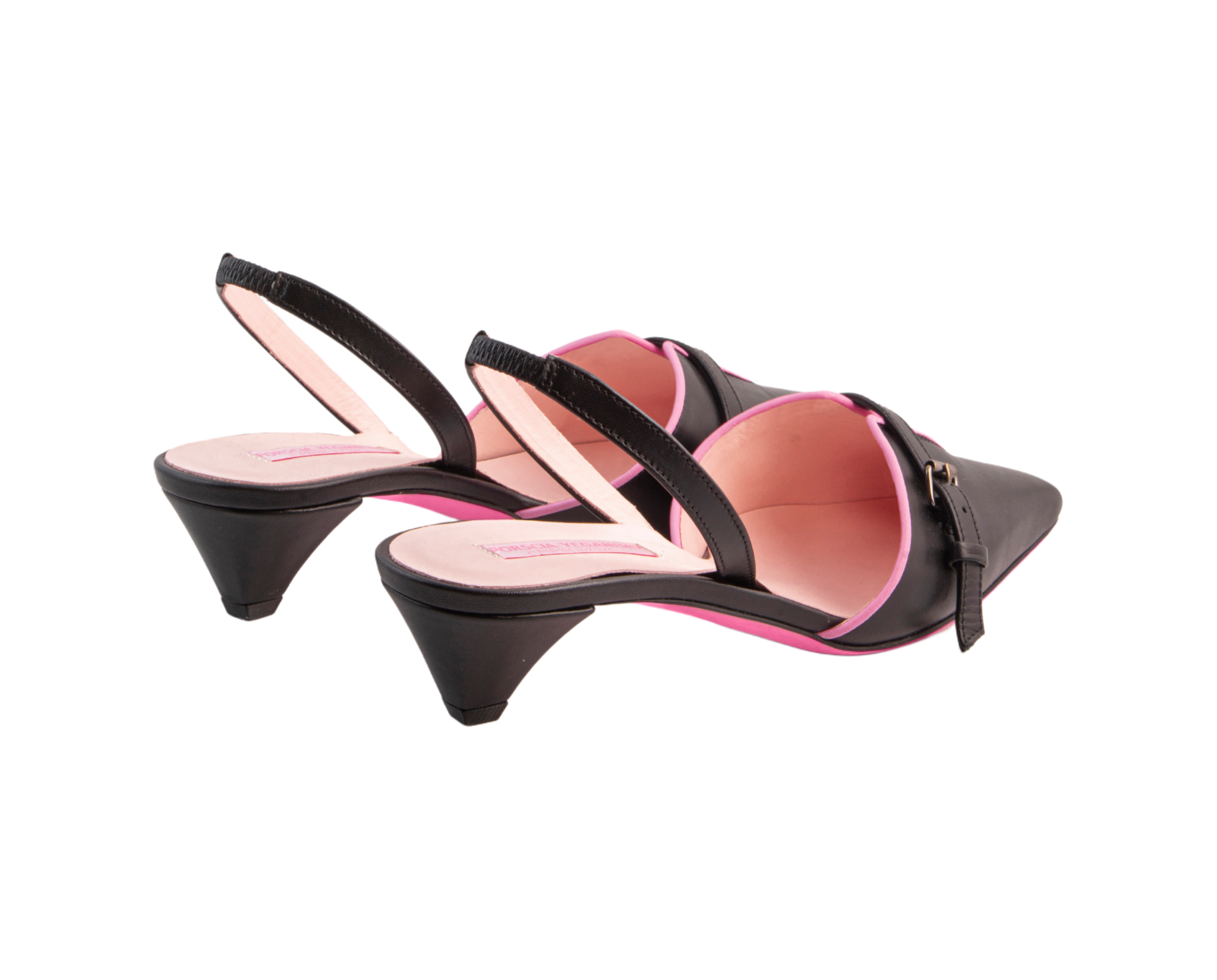 ANAHITA Slingbacks – ForeverLuxury Italian slingbacks with 3D hardware, All MADE IN ITALY. Black with pink piping