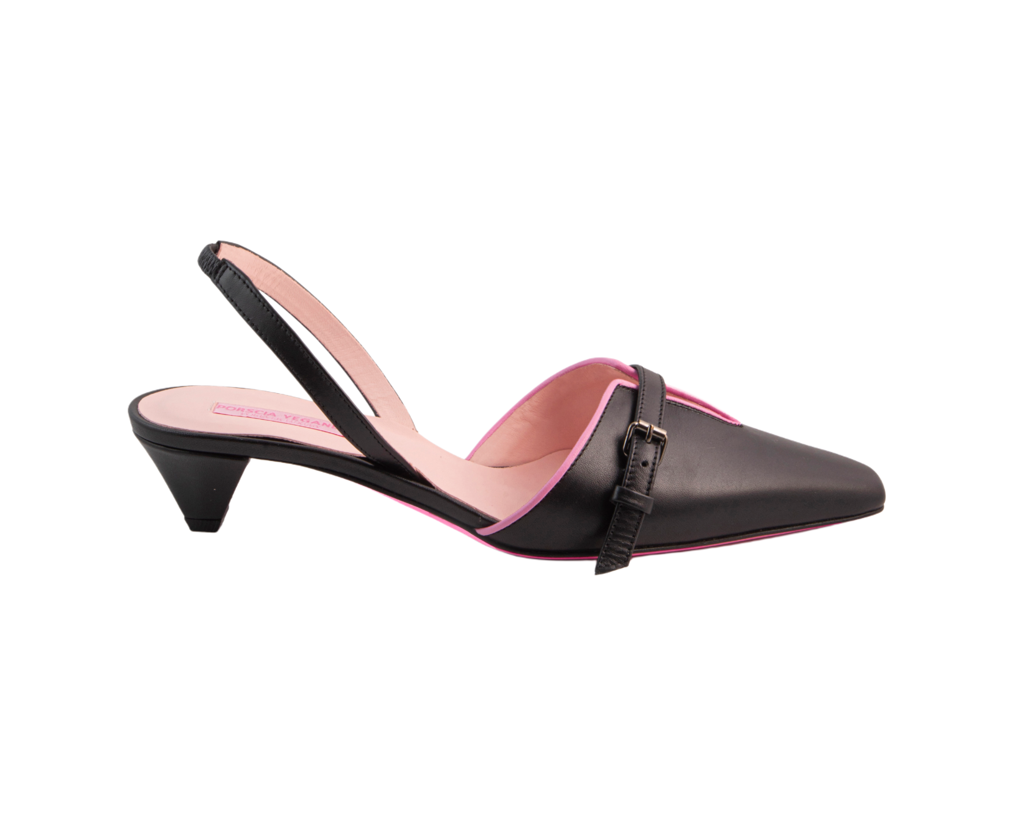 ANAHITA Slingbacks – ForeverLuxury Italian slingbacks with 3D hardware, All MADE IN ITALY. Black with pink piping
