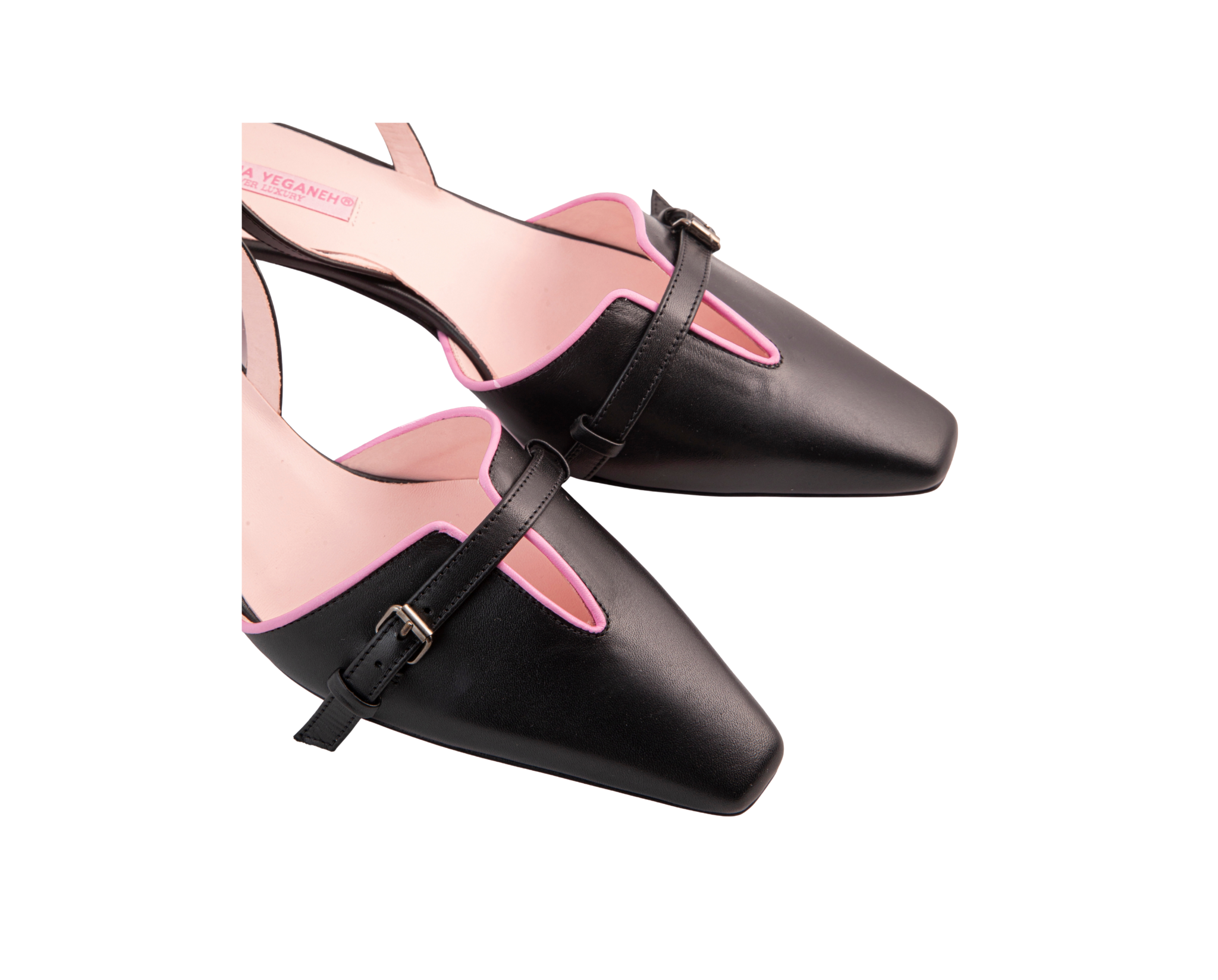 ANAHITA Slingbacks – ForeverLuxury Italian slingbacks with 3D hardware, All MADE IN ITALY. Black with pink piping