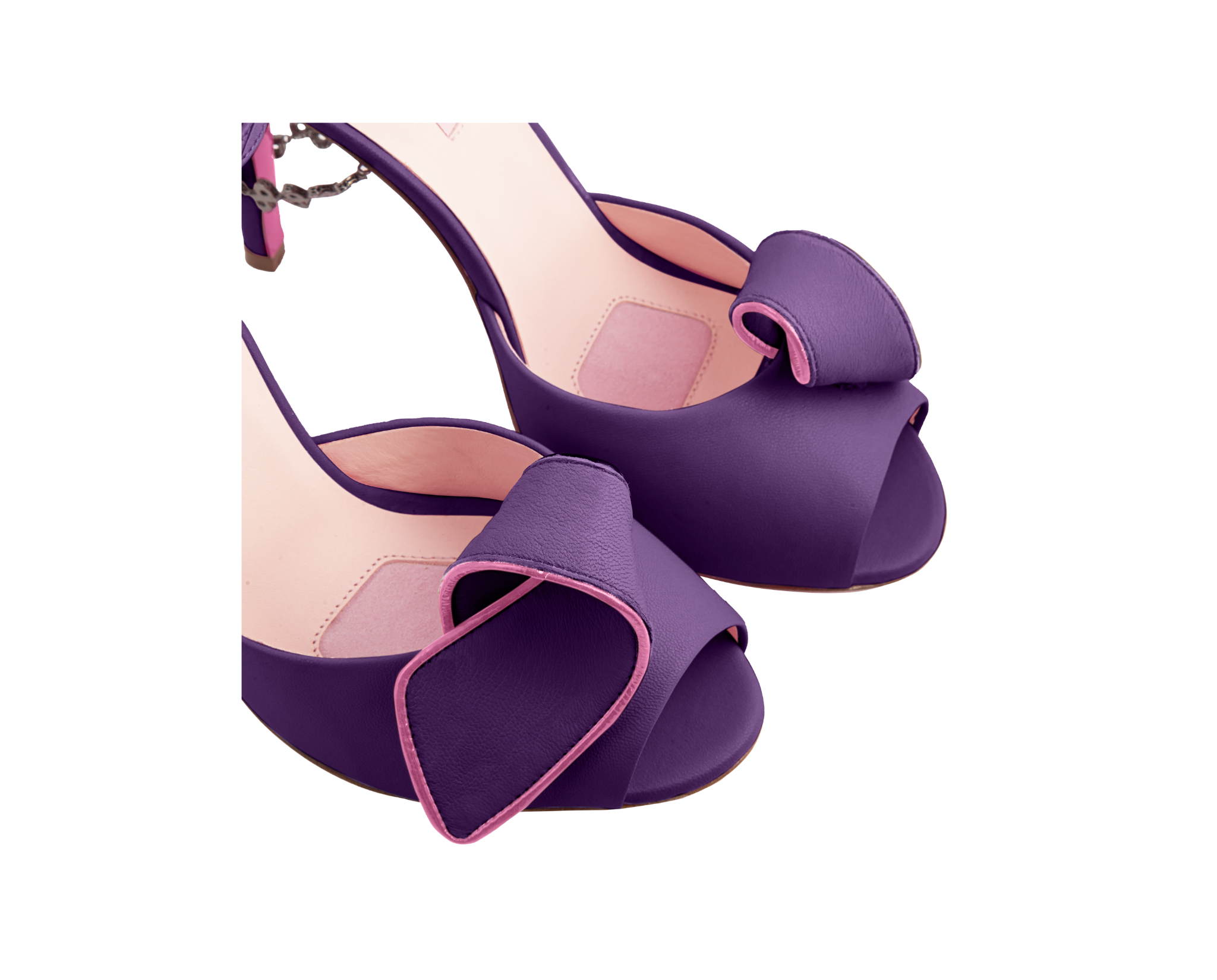 FARAH Stilettos – ForeverLuxury Italian stilettos with 3D chain heel, All MADE IN ITALY. Violet color with pink accents