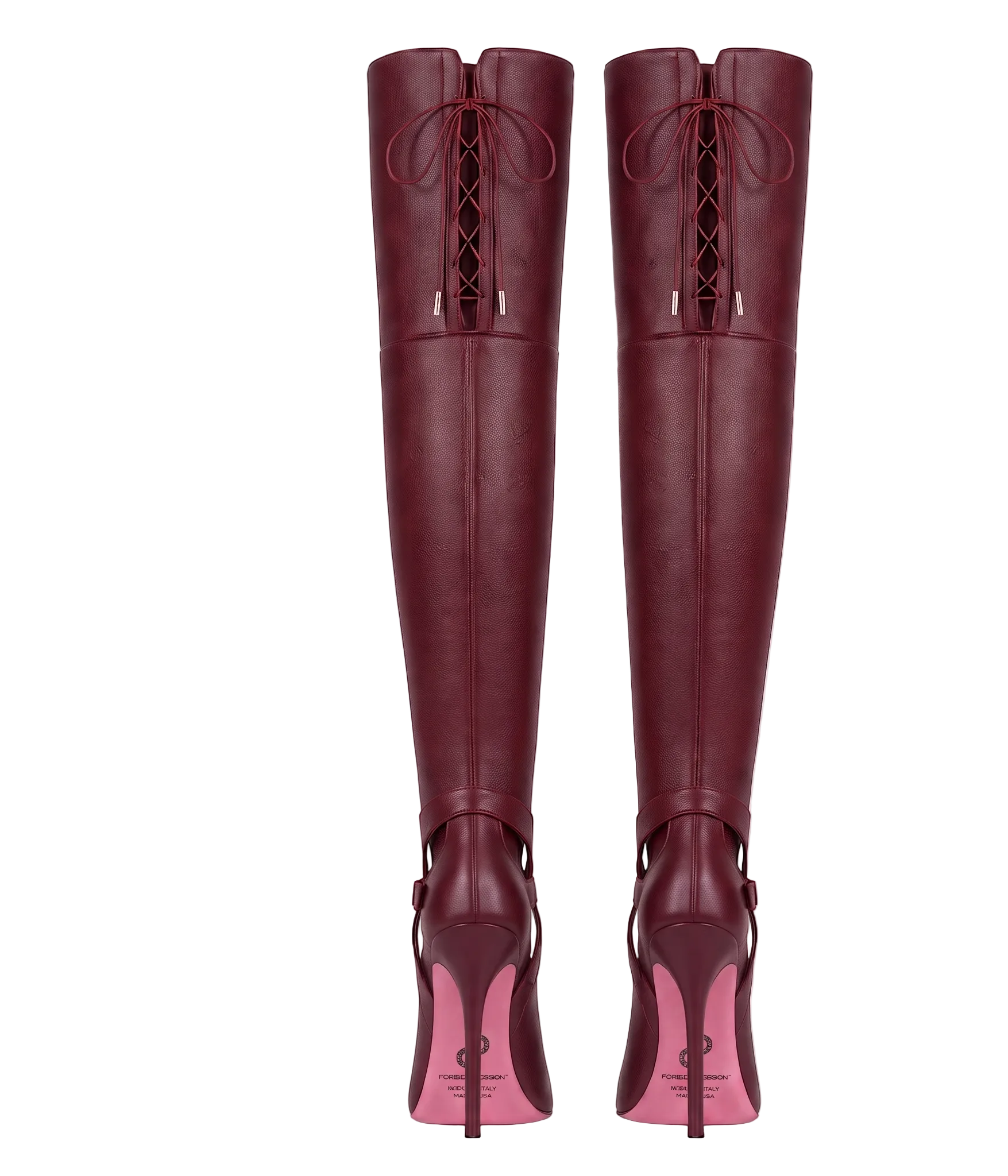 A pair of over-the-knee high-heeled boots in burgundy leather, shown from the back against a light off-white background. The boots feature a lace-up back detail, a slingback design, and a contrasting light pink inner sole.