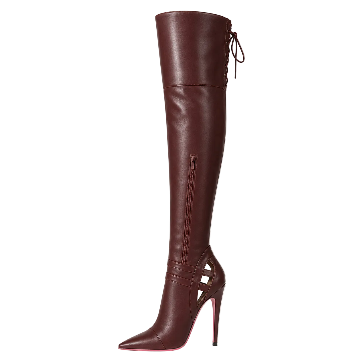 A single over-the-knee high-heeled boot in dark burgundy leather, featuring a pointed toe, side cutouts, a zipper, and a lace-up closure at the top, shown against a plain light gray background.