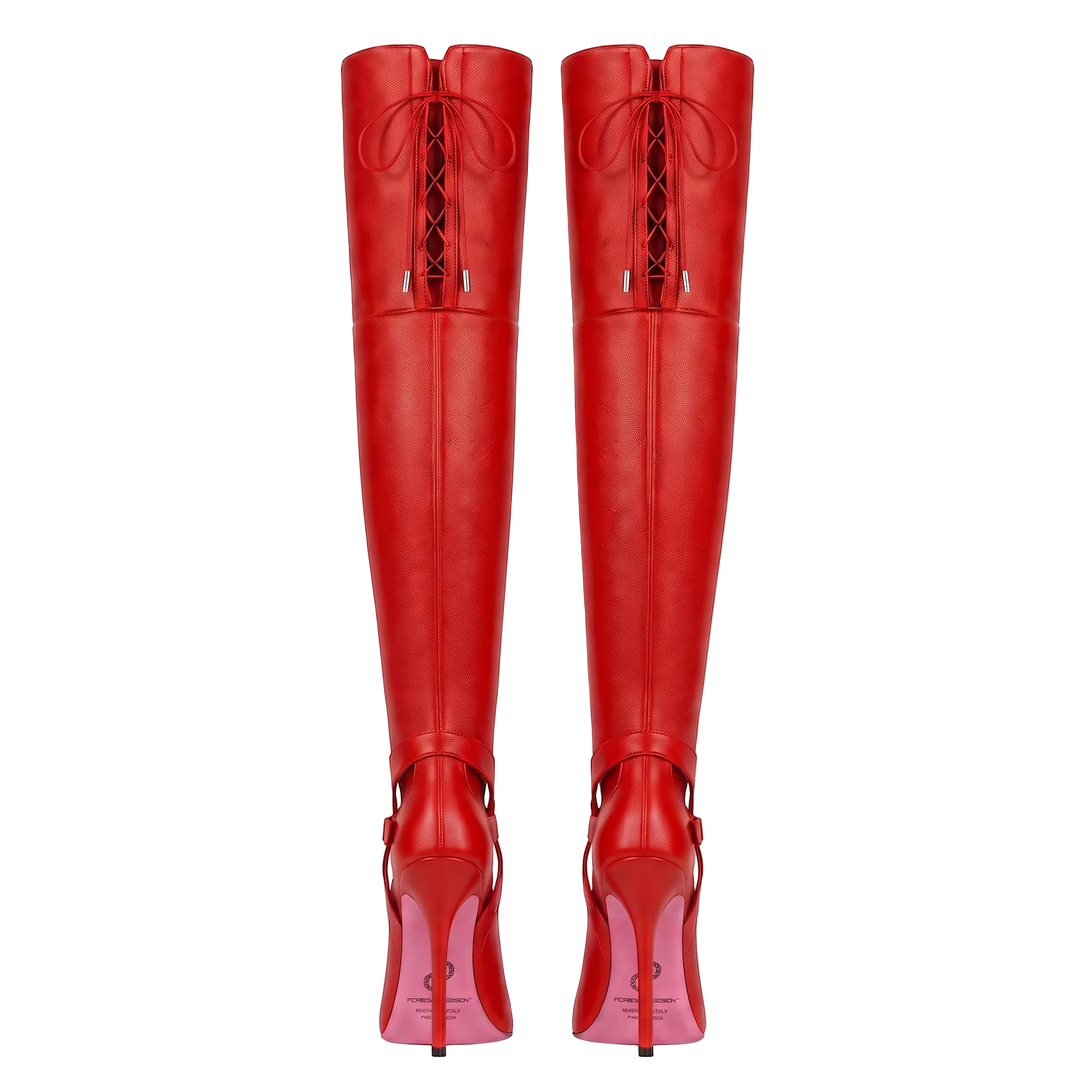 A pair of red over-the-knee boots with high stiletto heels and lace-up back details, shown from the back on a light pink background.