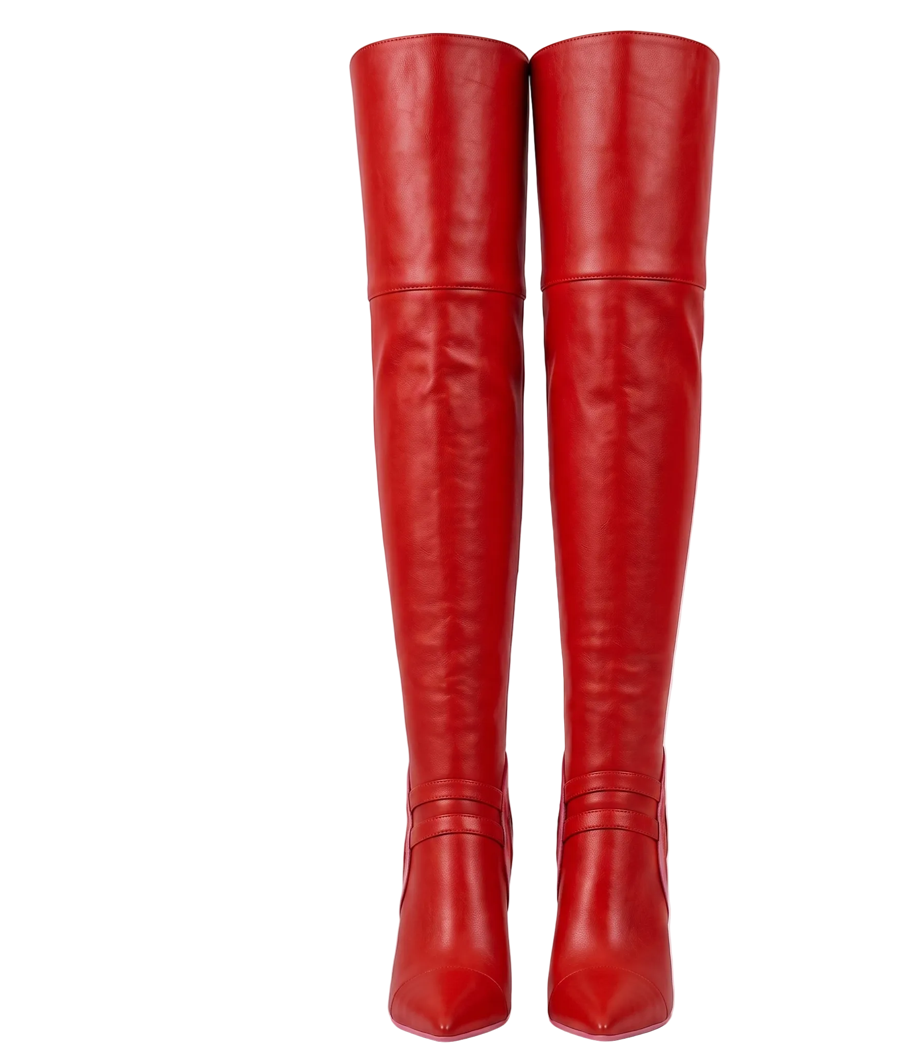 A pair of red leather over-the-knee boots with pointed toes and low block heels, shown against a light gray studio background.