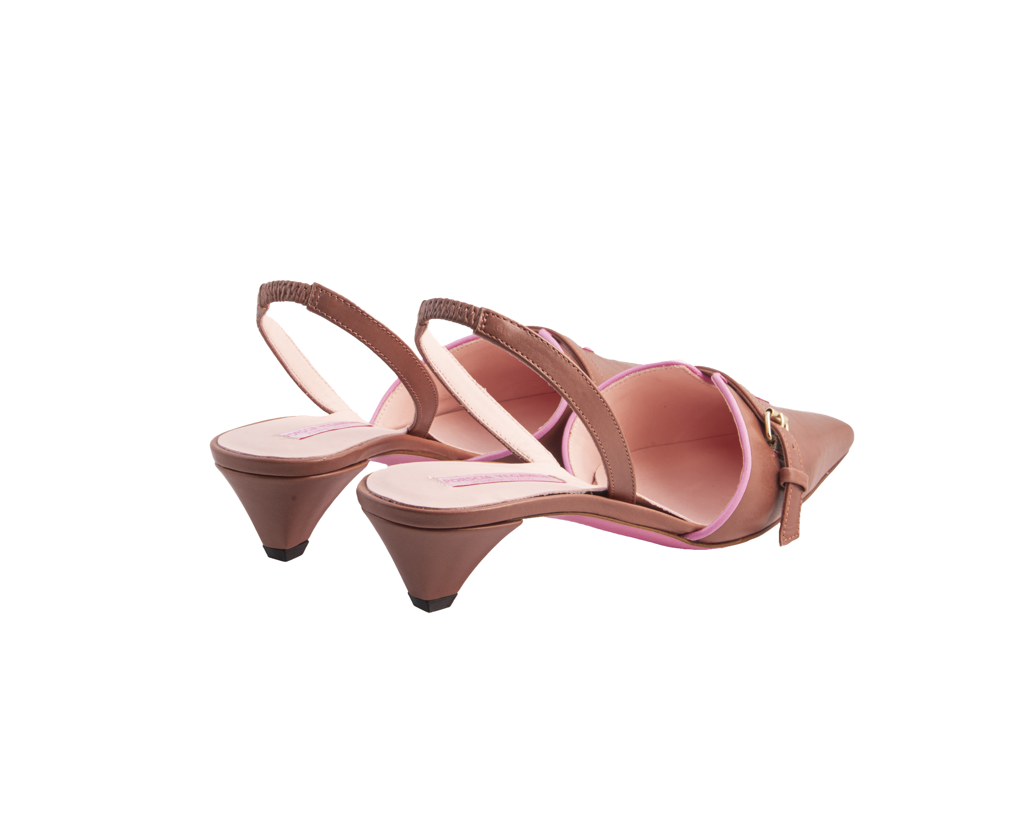 ANAHITA Slingbacks – ForeverLuxury Italian slingbacks with 3D hardware, All MADE IN ITALY. Brown with pink piping
