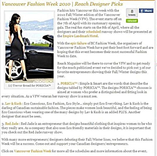 PORSCIA YEGANEH® Featured in REACH Magazine — Designer Pick at Vancouver Fashion Week