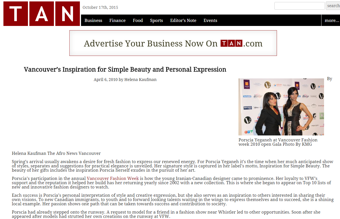 PORSCIA YEGANEH® Featured in TAN Magazine — Vancouver’s Inspiration for Simple Beauty and Personal Expression