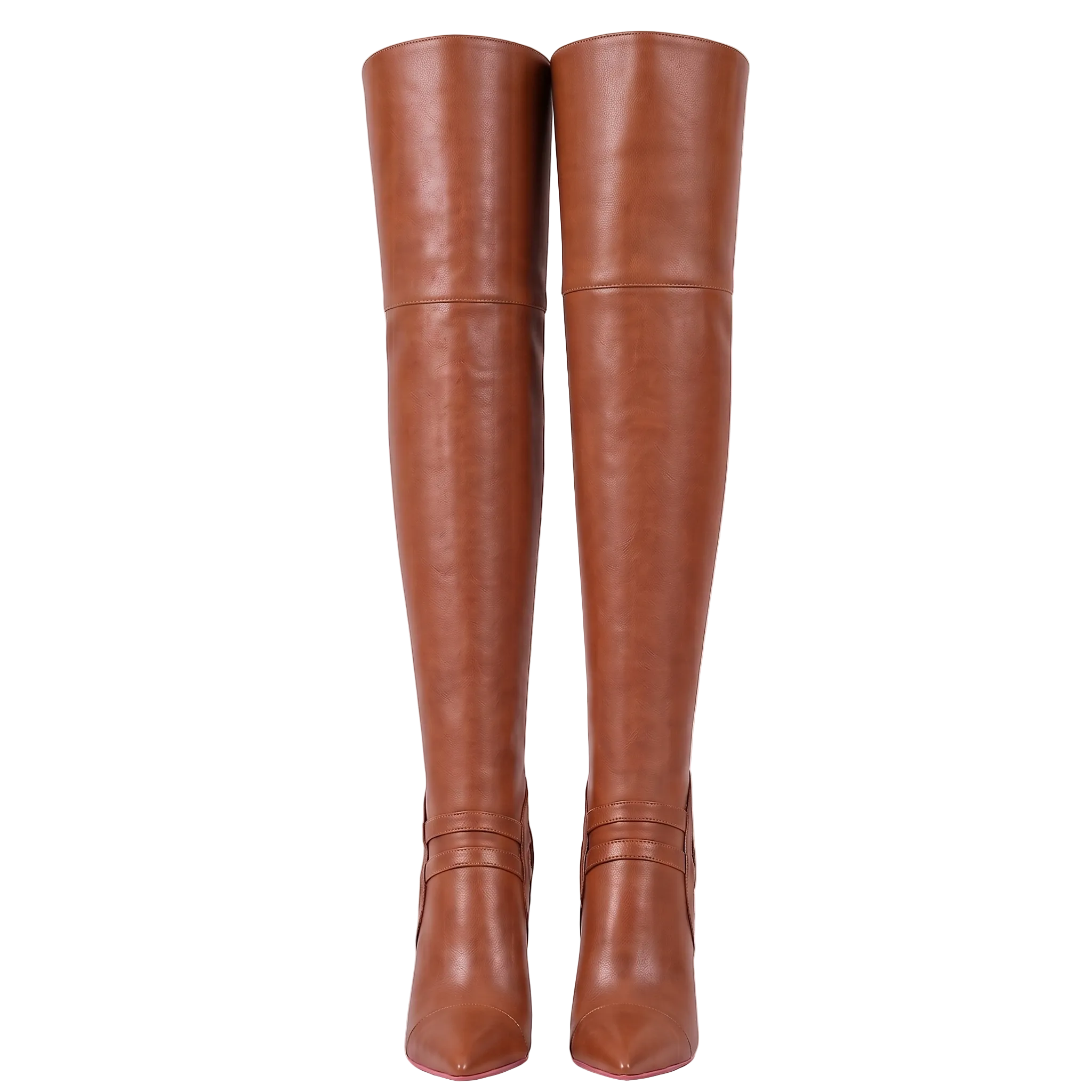 A pair of tall, brown faux-leather over-the-knee boots with pointed toes and decorative straps near the ankles, shown against a light gray background.