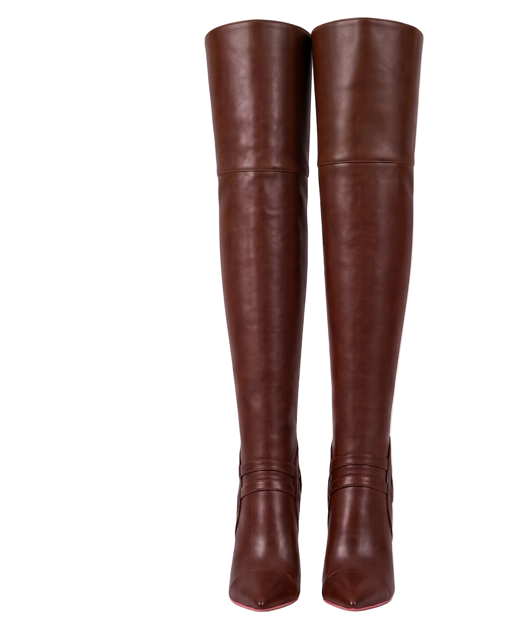 A pair of dark brown leather over-the-knee boots with pointed toes and high heels, shown against a plain light gray background.