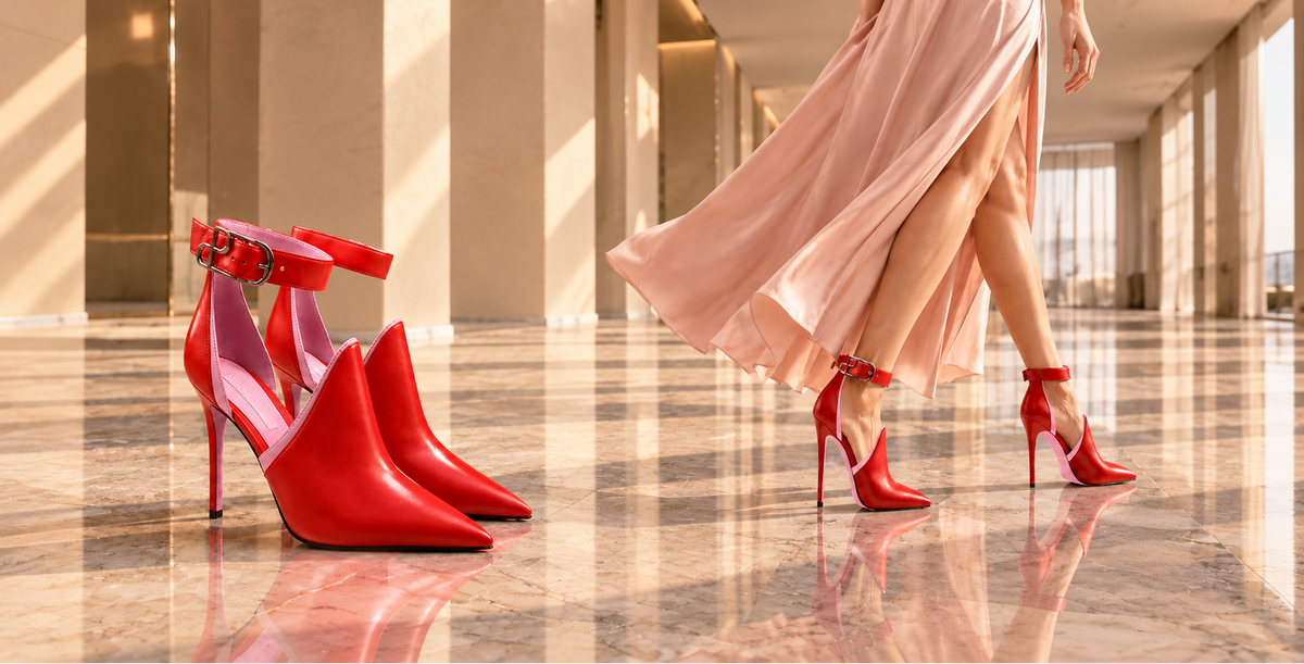 A pair of bright red pointed-toe high-heeled ankle-strap shoes displayed on a polished marble floor next to a model wearing a flowing pale pink dress and matching red heels in a sunlit indoor hallway.