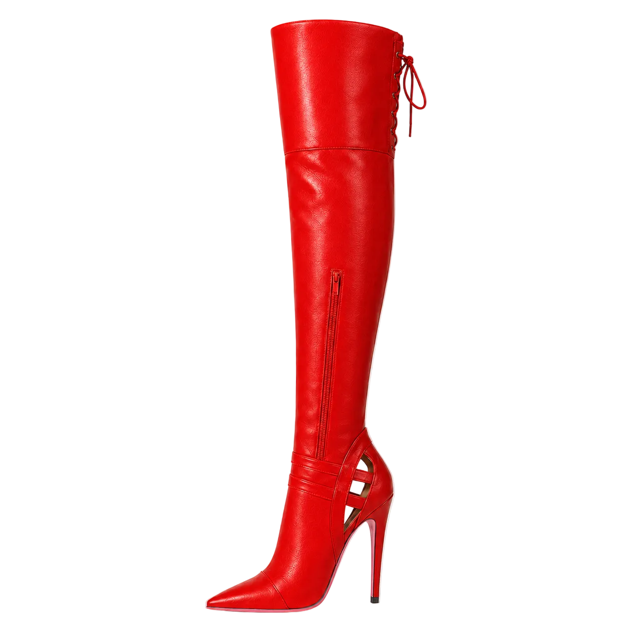 A single bright red over-the-knee high-heeled boot with a pointed toe, side cutout details, and a lace-up back, shown against a plain light gray background.