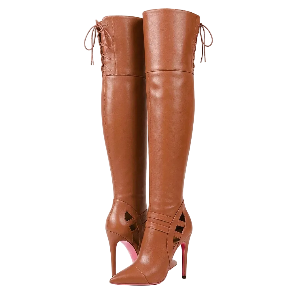 A pair of brown faux-leather over-the-knee boots with pointed toes, high stiletto heels, and side cutouts, shown against a plain white background.