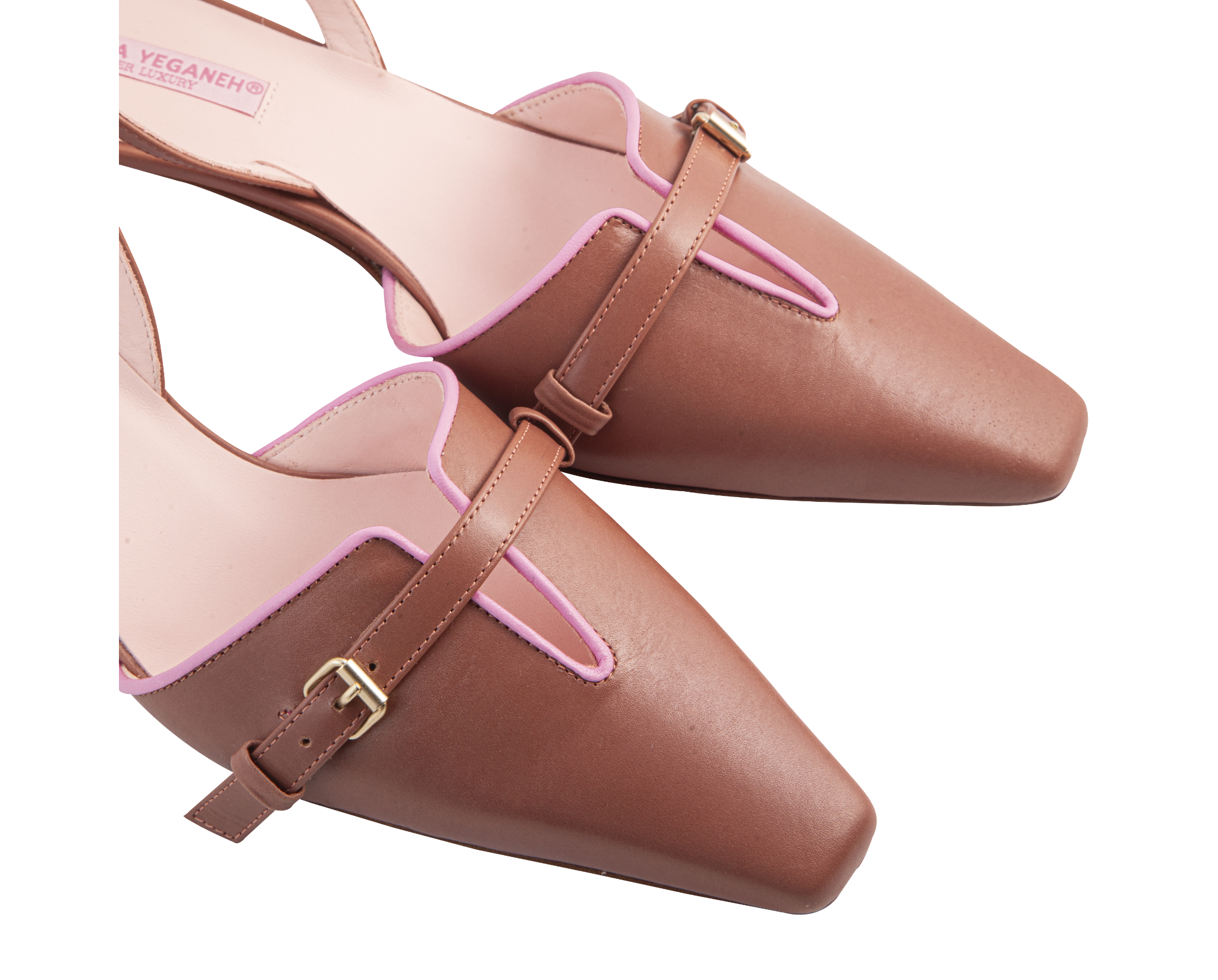 ANAHITA Slingbacks – ForeverLuxury Italian slingbacks with 3D hardware, All MADE IN ITALY. Brown with pink piping 
