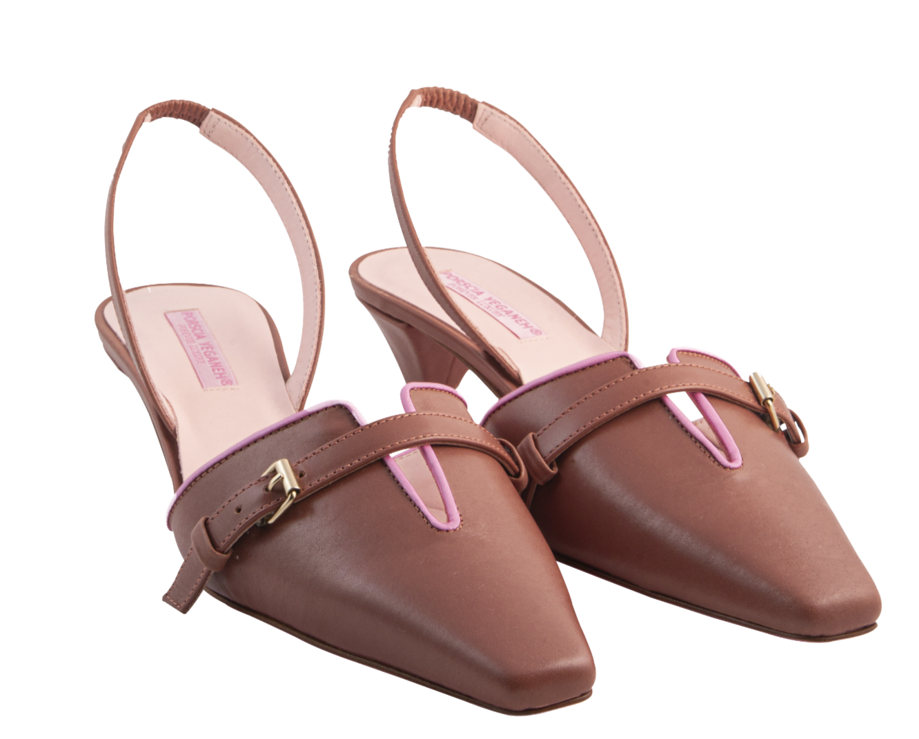 ANAHITA Slingbacks – ForeverLuxury Italian slingbacks with 3D hardware, All MADE IN ITALY. Brown with pink piping 