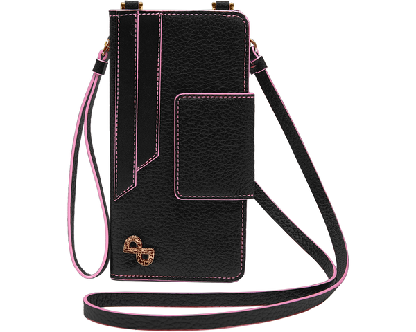 A multi-functional crossbody crafted in 3D hardware to be worn hands-free on the neck or use as a classic wallet.