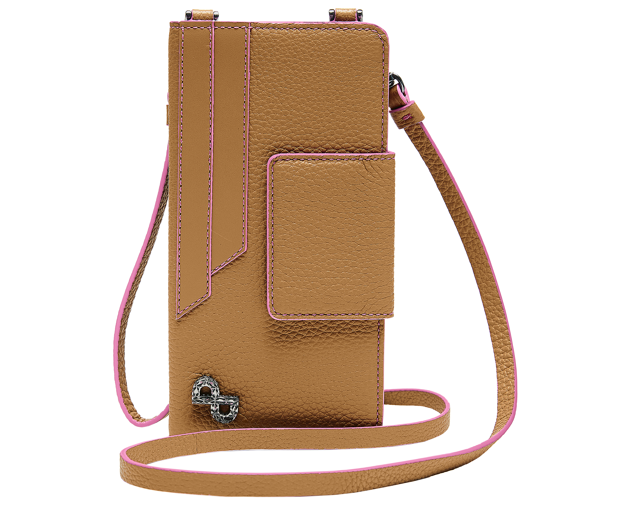 A multi-functional crossbody crafted in 3D hardware to be worn hands-free on the neck or use as a classic wallet.